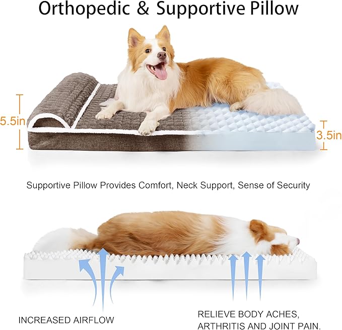 Orthopedic Dog Bed Medium Size Dog with Pillow 30''X20'', Waterproof Soft Comfortable Egg Crate Foam Pet Crate Beds Mat with Removable Washable Cover and Non-Slip Bottom, Taupe