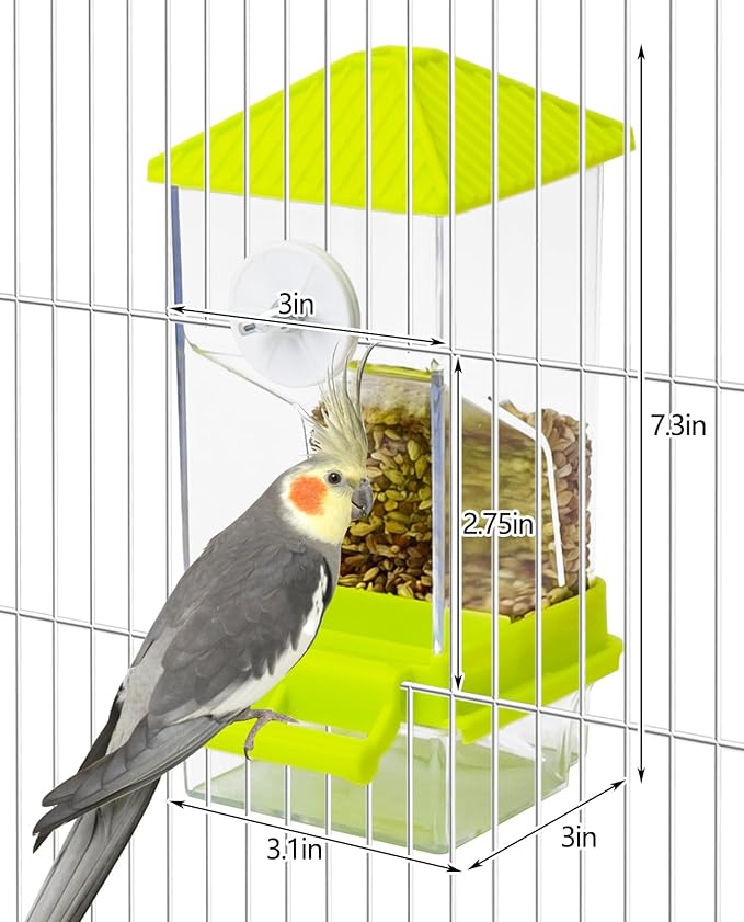 BNOSDM No Mess Automatic Bird Feeder Anti-Splash Bird Feeder Acrylic Transparent Food Container Parrot Cage Accessories for Parakeets Budgies Lovebirds Cockatoos Conures Finches (Green)