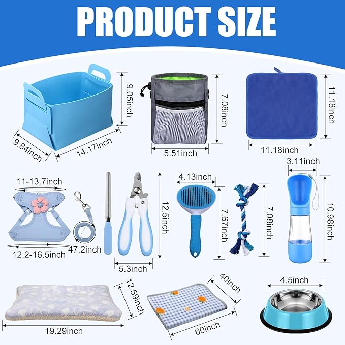 Abbylike 50 Pcs Puppy Supplies Starter Kit for Small Dogs Puppy Essentials Includes Leash, Bowls, Teeth Brushes, Water Bottle, and More Accessories for Dogs Pet Day Welcome Gift(Blue)