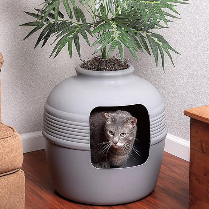 Good Pet Stuff Hidden Litter Box Planter, Decorative Cat Litter Enclosure with Carbon Filter, Artificial Plant, Easy Clean, Improved Design, Round Style, Base Kit, Pebble Gray