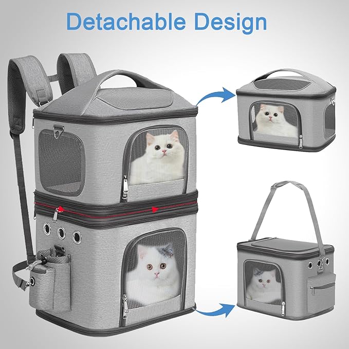 Detachable Double Pet Carrier Backpack for Cats and Small Dogs, Cat Travel Carrier for 2 Cats, Perfect for Traveling/Hiking/Camping, Grey