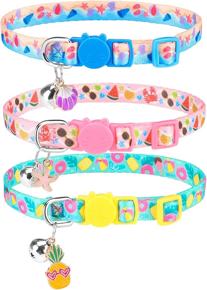 PUPTECK Summer Cat Collars Breakaway with Bell - Pet Collar 3 Pack for Girl Boy Kittens Puppies and Small Pets