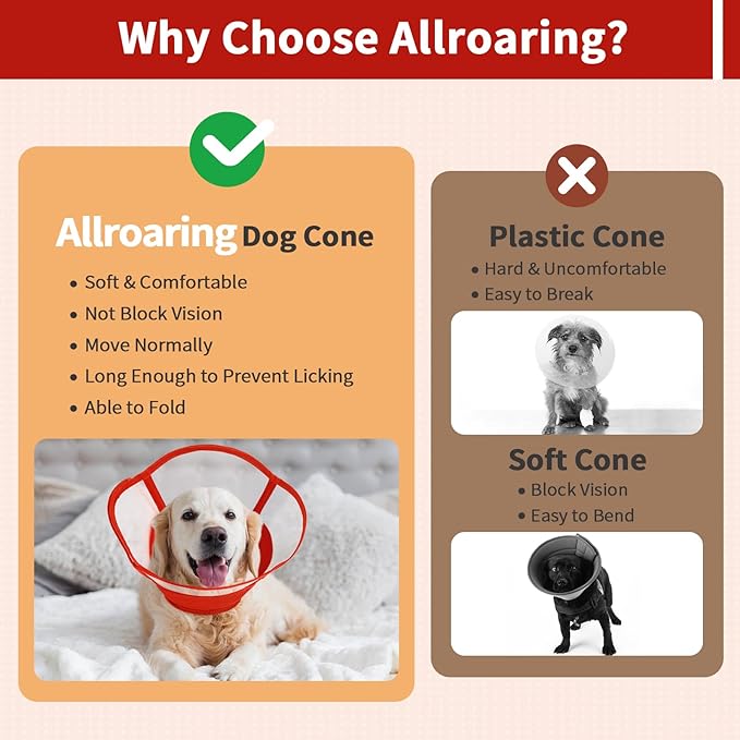 Allroaring Dog Cone Alternative, Soft Dog Cones for Large Dogs, Adjustable Doggie Recovery Cone Collar Comfy Pet Elizabethan Collars to Stop Licking for Wound Healing Care Spay Neuter, Red L