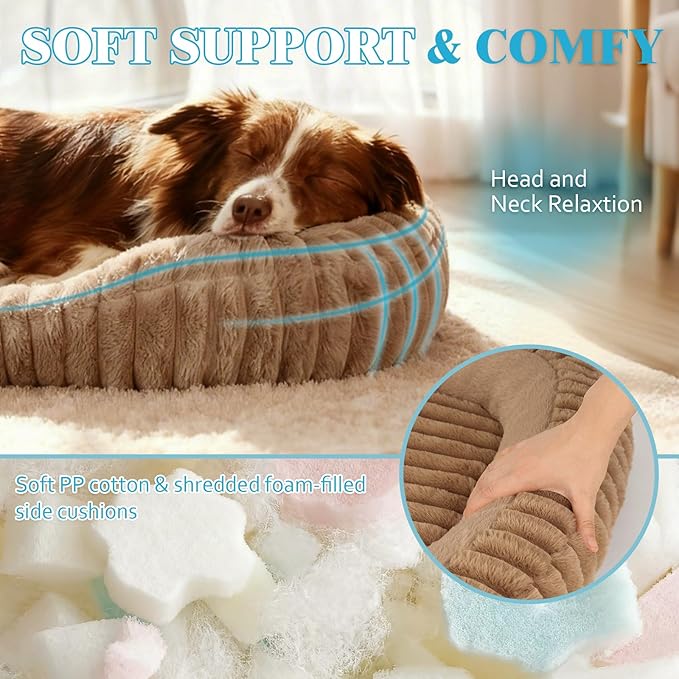 Washable Medium Size Dog Bed, Durable Calming Orthopedic Pet Bed with Removable Cushion Cover & Anti-Slip Bottom, Rectangle Bolster Sides Dog Bed with Handle, 30x24x4inches, Brown