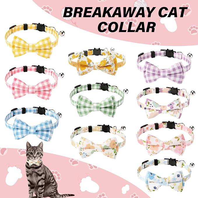 10 Pcs Spring Cat Collar Breakaway with Bow Tie and Bell Kitten Collars Removable Bowtie Plaid Flower Cat Collar for Cats Kittens Puppy(Flower)