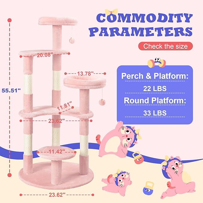 Allewie 55.5 in Cat Tree for Indoor Kitties/Soft Plush Perches/Multi-Level Cat Tower/Sisal Scratching Posts/Crescent Plates/Round Jumping Board/Hanging Ball/Pet Activity Center/Pink