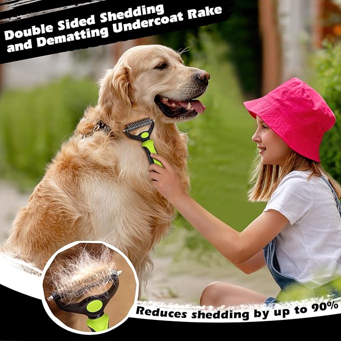 3PCS Self Cleaning Slicker Brush & Pet Grooming Rake & Flea Comb for Dogs,Cats and Horses | Double-Sided Dematting Comb & Skin Friendly Deshedding Grooming Tool (J-Green Black)