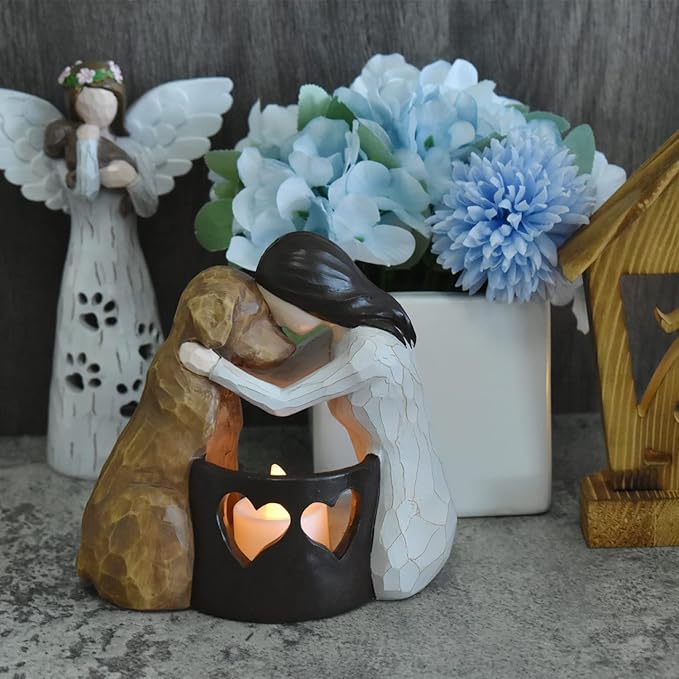 Dog Memorial Gifts，Pet Loss Gifts，Hand-Sculpted Dogs Passing Away Sympathy Gift，Remembrance Gift ，Dog Lovers Candle Holder Statue with LED Candle
