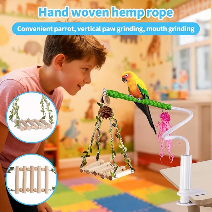 Bird Perch Stand with Swing, Desktop Bird Toy & Stand for Interacting, Interactive Playground for Sun Conure, Lovebirds, Conure, Budgie, Cockatiel - Non-Slip Adjustable Perch