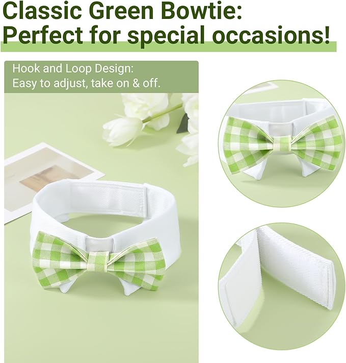Segarty Dog Bow Tie, Adjustable Green Plaid Bowtie Collar for Neck Girth 10.2-12.6in, Medium Pet Tie Tuxedo Comfortable Cotton Boy Pet Grooming Accessory for Formal Wedding Holiday Birthday Party
