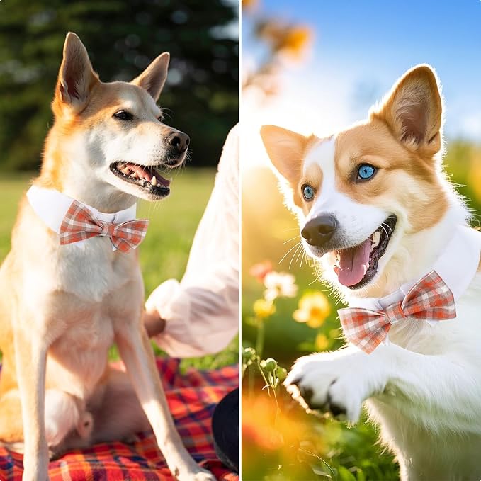 Segarty Dog Bow Tie, Adjustable Orange Plaid Bowtie Collar for Neck Girth 10.2-12.6in, Medium Dog Tie Tuxedo Comfortable Cotton Boy Pets Grooming Accessories for Formal Wedding Holiday Birthday Party