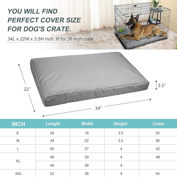 Explore Land Waterproof Dog Bed Cover Canvas Washable Dog Crate Pad Replacement Cover for 36 Inch Crate, 34Lx22Wx3.5H inch, Gray