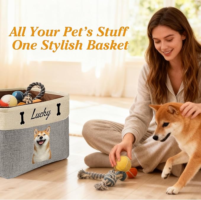 Personalized Dog Cat Toy Storage Basket with Photo & Name, Custom Collapsible Pet Organizer Bin with Handles for Toys, Clothes, Blankets & Pet Supplies