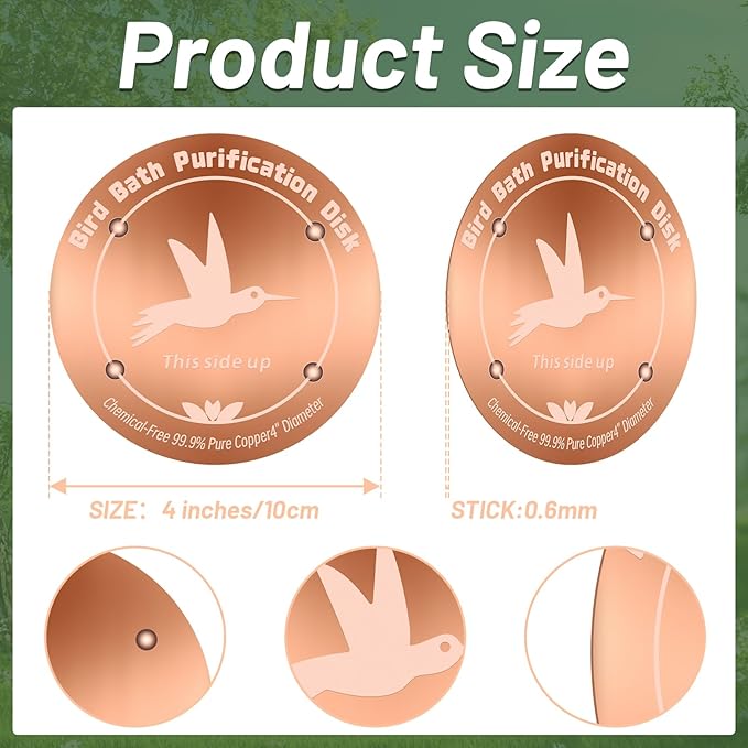 4 Inches Pure Copper Bird Bath Purification Disk,0.6mm thick,Reinforced Copper Purification Cleaner with Four-Point Support,All-Season Safe Clean Water Solution,Universal Fit for Outdoor Birdbath&Bowl