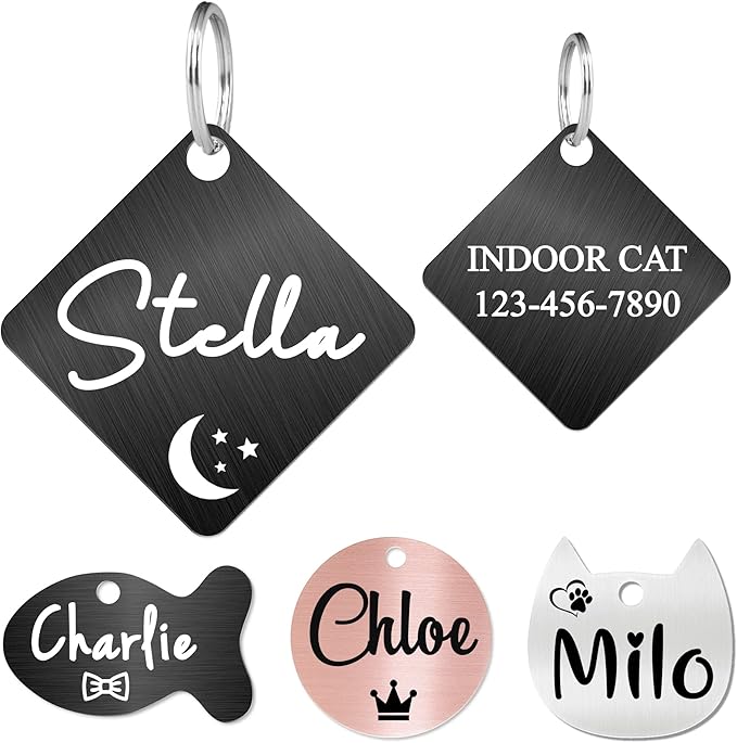 Ultra Joys Cat ID Tag Personalized Pet Tags, Durable Stainless Steel Small Pet Mini Dog Cat Tag Lightweight -Diamond Tag in Black