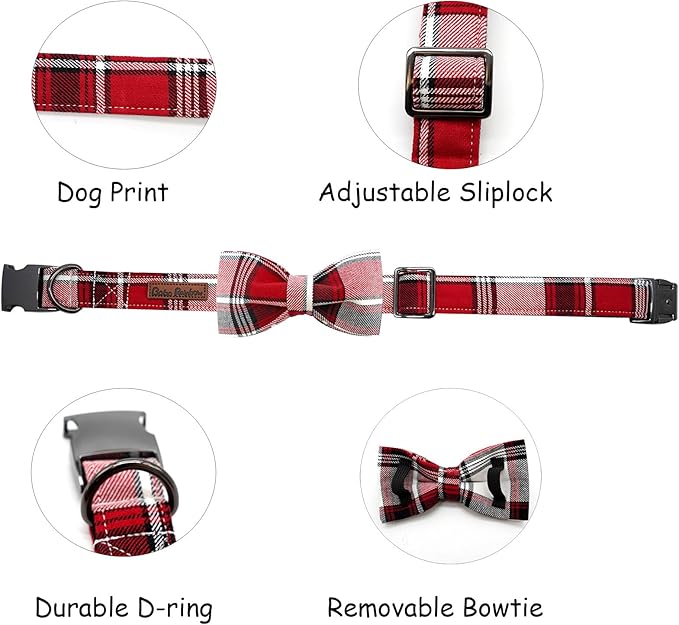 Dog Collar, Christmas Dog Collar Plaid Pet Collar Bow Holiday Bows Girl Boy Puppy Collar Adjustable Pet Collar for Small Dogs