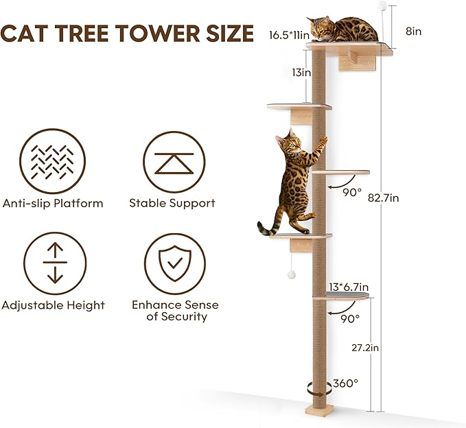 Floor to Ceiling Cat Tree for Kittens, 5-Tier Wall Mounted Cat Wall Shelves with Grey Felt Pads, Adjustable Wild Simulation Cat Tower, Natural Pine Wood Platforms for Climb, Scratch and Lookout