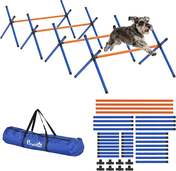 PawHut 4 Pieces Dog Agility Training Equipment, Dog Agility Course Backyard Set with Adjustable Height and Carry Bag, Indoor Outdoor Jumping Hurdles for Training, Orange