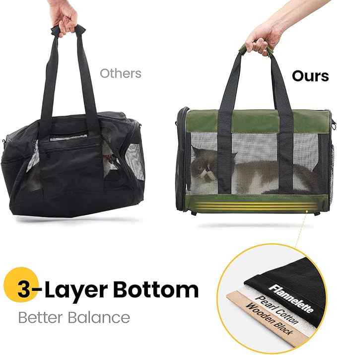 Dog Carrier Soft Sided, Large Cat Carrier with Inner Safety Leash, Pet Transport Carrier for Large Cats and Medium Dogs up to 20 Lbs, Collapsible Travel Puppy Carrier Bag -Green L