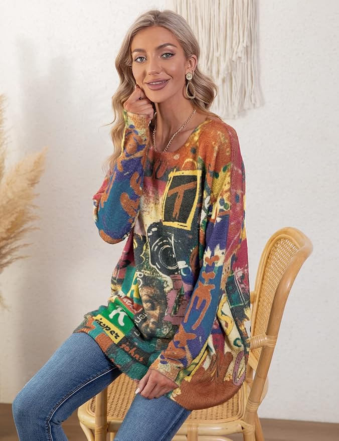 YESNO Women Christmas Sweater Graphic Printed Oversized Pullover Sweaters Casual Loose Knit Tops S01