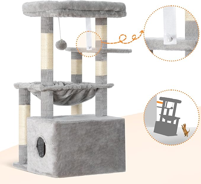 Heybly Cat Tree, Kitten Tower with Large Soft Cat Basket, Cat Condo with Spacious Cat Bed Cave with Hidden Space, Sisal-Covered Scratching Posts, Dangling Ball for Indoor Cats, Light Gray HCT008SW