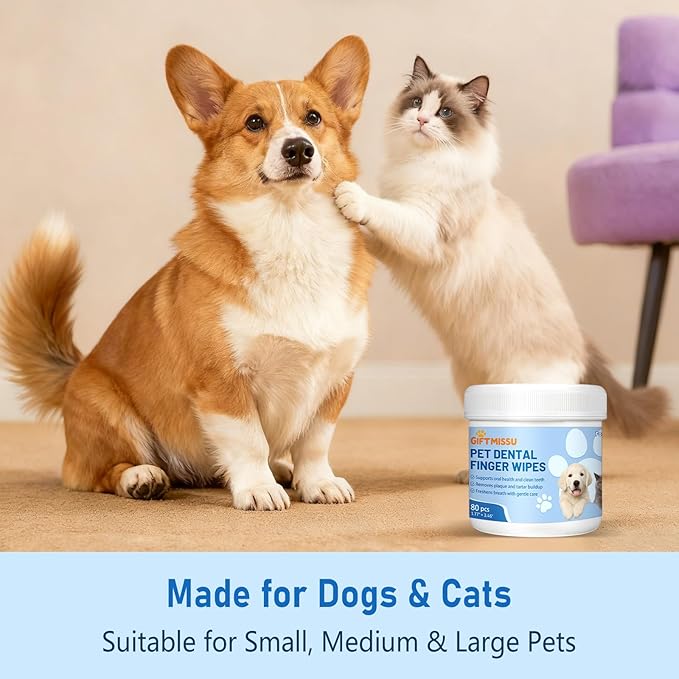 80 Counts Pet Dental Finger Wipes for Dogs and Cats - Disposable Dog Teeth Cleaning Wipes for No-Rinse Daily Oral Care, Pet Tooth Cleaning Wipes