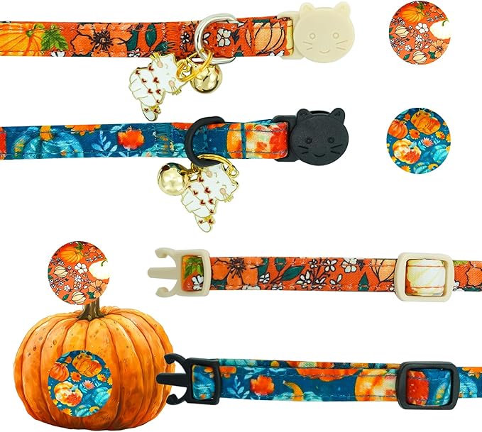 Elegant little tail Halloween Cat Collar-2 Pack Pumpkin Print Fall Cotton Breakaway Cat Collars with Bell Pendant Kitten Boy Girl Safety Adjustable Collar for Small Cats Puppy