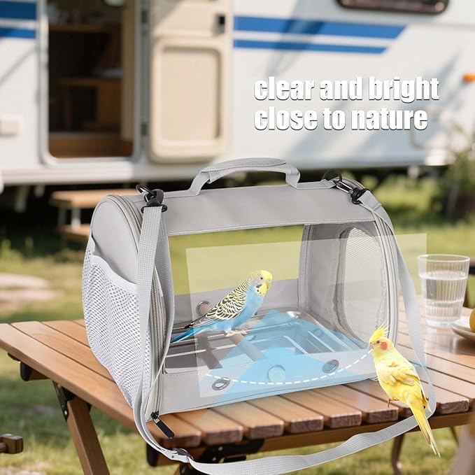Small Bird Travel Carrier Cage for Long Tail BirdCockatiel Parakeet Parrot, Includes Metal Tray Soft Mat and Wooden Standing Perch, Hands Free Lightweight Clear 2 Windows