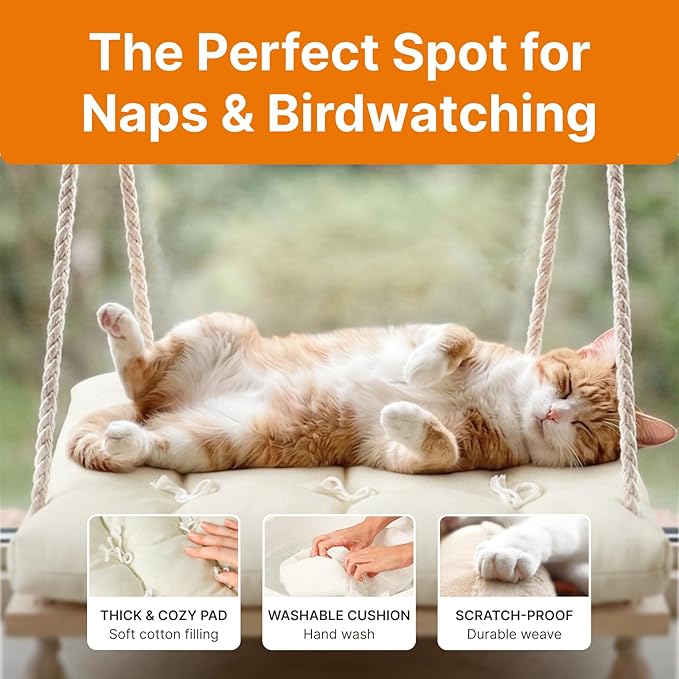 Cat Window Perch with Industrial-Grade Suction Cups - Solid Pine Wood Hammock Bed, Soft Cushion - 42 lb Capacity for Cats Inside