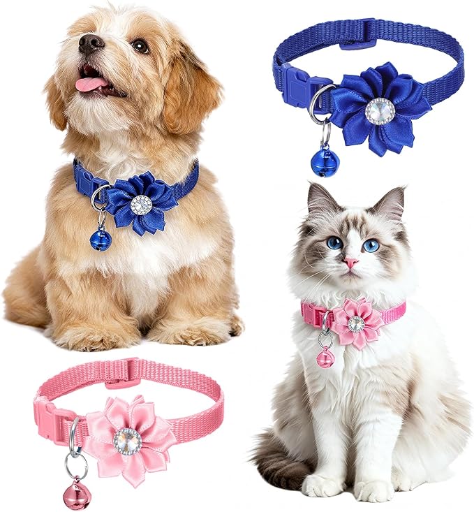 6 PCS Flower Kitten Collar with Bell, Adjustable Cute Cat Collar with Rhinestone for Female, Breakaway Small Kitten Collars, 6 Colors
