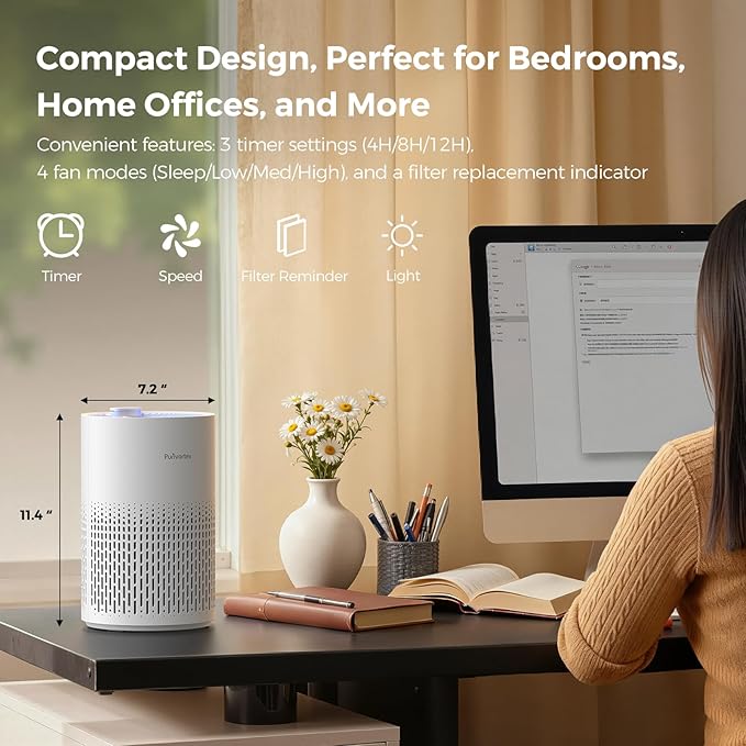 Purivortex Air Purifiers for Home, Quiet HEPA Air Filter for Pollen, Smoke, Dust, Pet Dander, Odor, Hair, Covers Up to 880 Sq Ft (Model: PX500 White with Fragrance Sponge)
