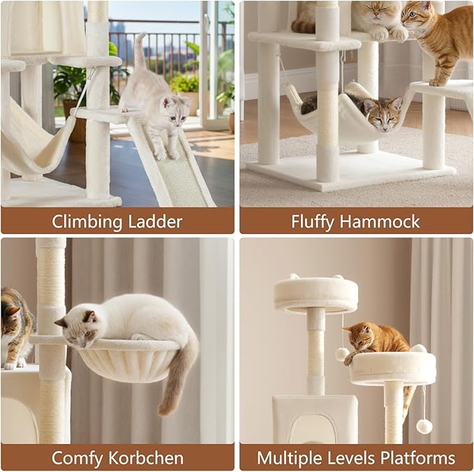 DUMOS Tall Cat Tree 75 Inch, Large Multi-Level Cat Tree Tower with Condo, Perches, Sisal Scratching Posts Board and Hammock, Pet Play House with Dangling Balls for Indoor Cats, Beige