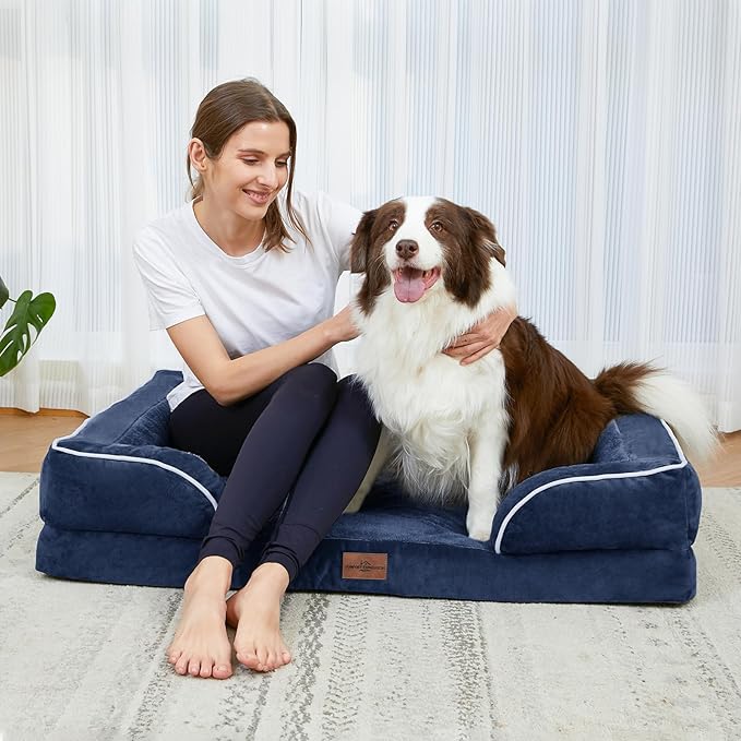 Comfort Expression Orthopedic Dog Bed for Large Dogs 38x25 Inch, Waterproof Supportive Egg Crate Foam Large Pet Bed with Removable Bolsters, Dog Couch with Washable Cover & Non-Slip Bottom, Navy Blue