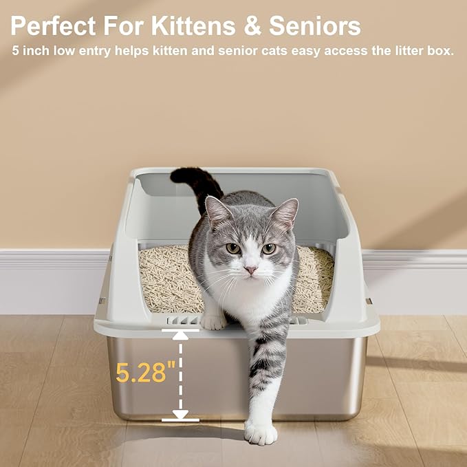 TENTIZON Large Stainless Steel Cat Litter Box, Open Top Metal Kitty Litter Tray with High Sides, Litter Mat, Scoop for Indoor Cats, Kitten,Big Cats, No Odor, No Mess, Leak Proof, Easy Clean
