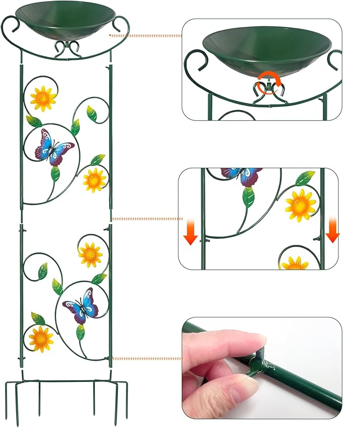 HONGLAND Metal Bird Bath with Trellis, 35" Outdoor Garden Birdbath with Detachable Bowl & Climbing Plant Support, Decorative Bird Feeder Station with Butterflies for Yard, Patio, Fence