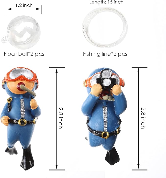 2-Pack Cute Little Diver Aquarium Decorations - Floating Aquarium Accessories for Fish Tanks