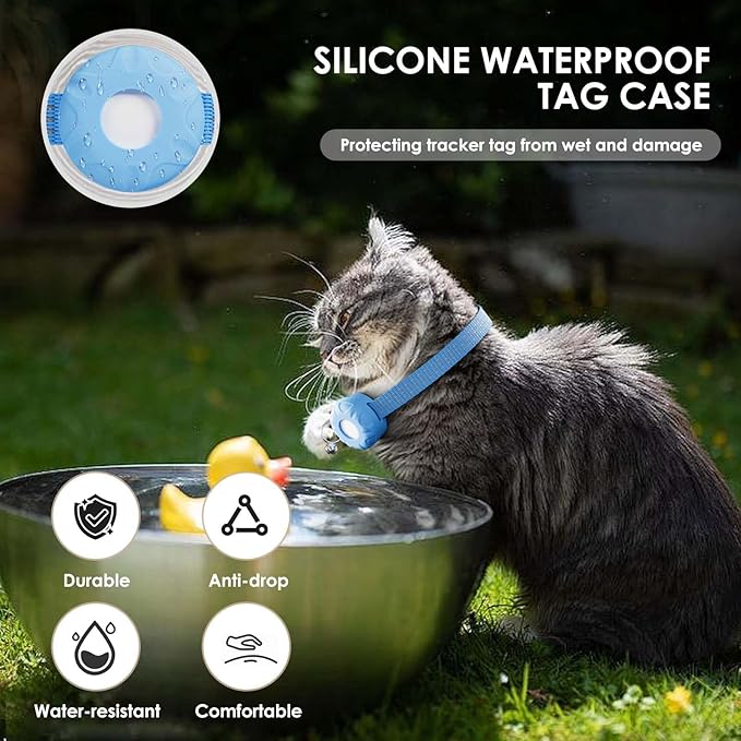 GPS Tracker for Cats, Cat GPS Tracker, Compatible with Apple Find My App (Only iOS), No Monthly Fee, Waterproof (White Tracker, Blue Cat Collar)
