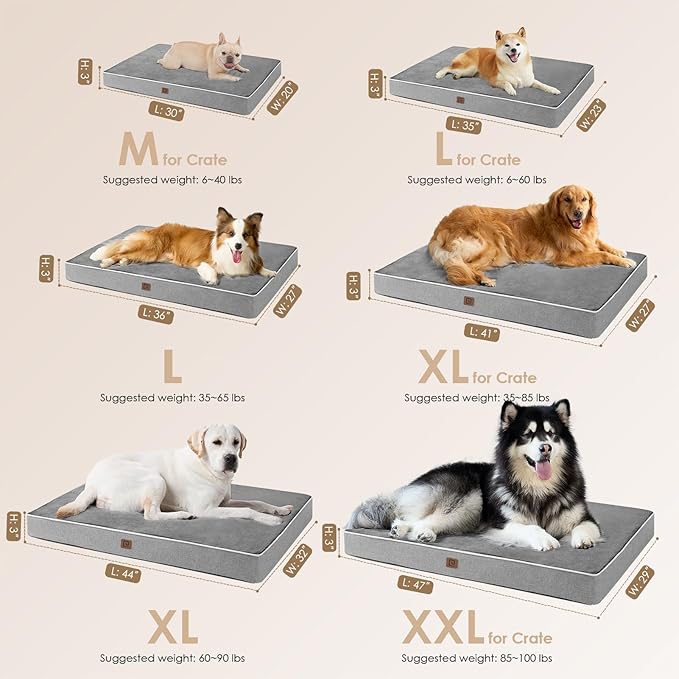 EHEYCIGA Waterproof Dog Bed Orthopedic 47"x29", Memory Foam Pet Bed for XXLarge Dog Bed, Washable Pet Mat with Removable Cover, Grey