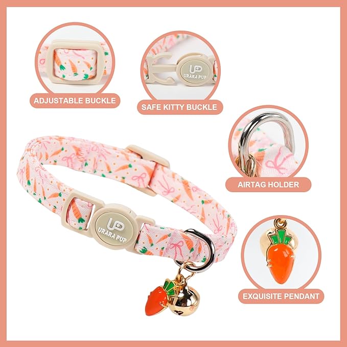 Cat Collar,2Pack Easter Day Cat Collars Cute Breakaway Kitty Collars,Easter Chicks & Carrots Cat Collar with Bell, Spring Pink Bow Kitten Collars with Safety Buckle for Girl & Boy Cats