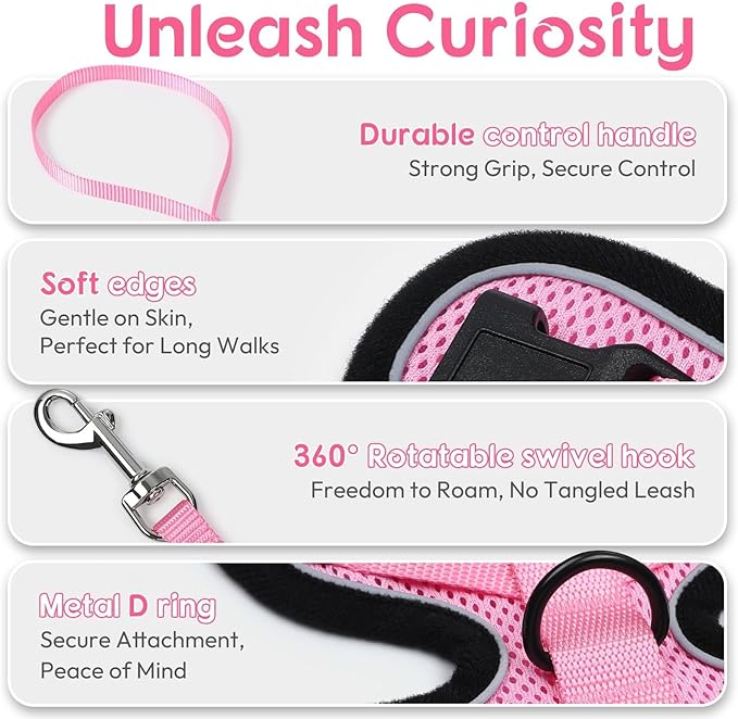 Dooradar Cat Harness and Leash Set, Escape Proof Safe Adjustable Kitten Vest Harnesses for Walking, Easy Control Soft Breathable Mesh Jacket with Reflective Strips for Cats, Pink, XXS