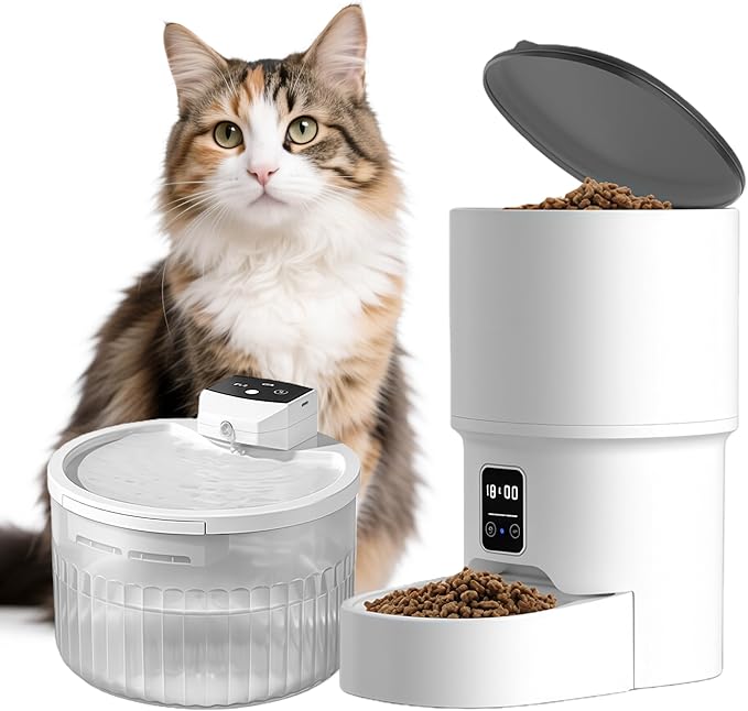 RPZ Automatic Cat Feeder and Water Dispenser Set, Auto Cat Feeder with Timer, Large Capacity Cat Food Dispenser Automatic,Easy Clean Automatic Feeder for Cats – Ideal for Busy Pet Owners