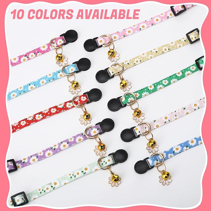 10 Pack Breakaway Cat Collars with Bells Flower Pendants Adjustable Floral Cat Collars Safety Kitten Collar with Bell for Girl Boy Cats
