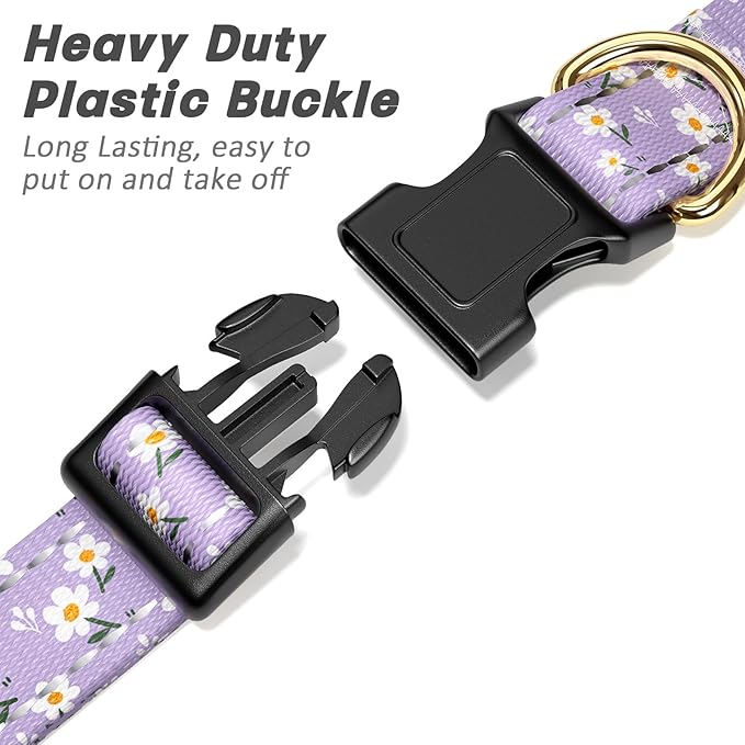 Reflective Dog Collar for Medium Dogs, Cute Flower Theme Adjustable Heavy-Duty Nylon Puppy Collar for Boy and Girl Female, Soft Pet Accessories with Quick Release Buckle, Purple White