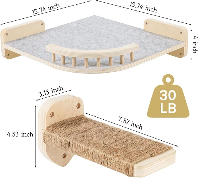 Large Cat Shelves with 3 Steps, Wall Mounted Cat Climbing Shelf with Plush Covered Bed, for Indoor Cats (Wood)