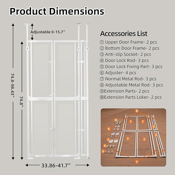 74.80-98.43'' Extra Tall Cat Gate, Adjustable 33.86 and 41.7" Wide, Transparent Full Door Pet Gate, Auto Close No Drilling Cat Proof Safety Gate for Doorway Stairs- White