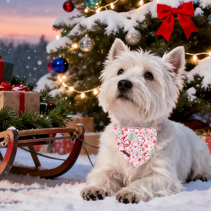 Christmas Dog Bandana–Adorable Happy Snowman Triangle Scarf for Small Medium Large Dogs, Soft Cotton Pet Bib for Winter & New Year, Adjustable Dog Kerchief