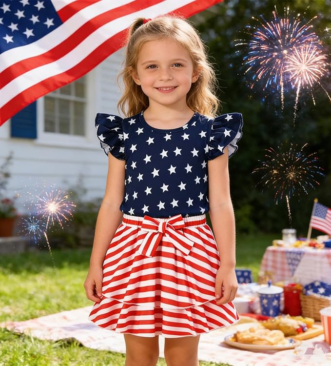 Girls Skirt Set 2 Piece Outfit Toddler Summer Clothes Ruffle Sleeve T-Shirt Bow Knot Tutu Skirt Outfit Set