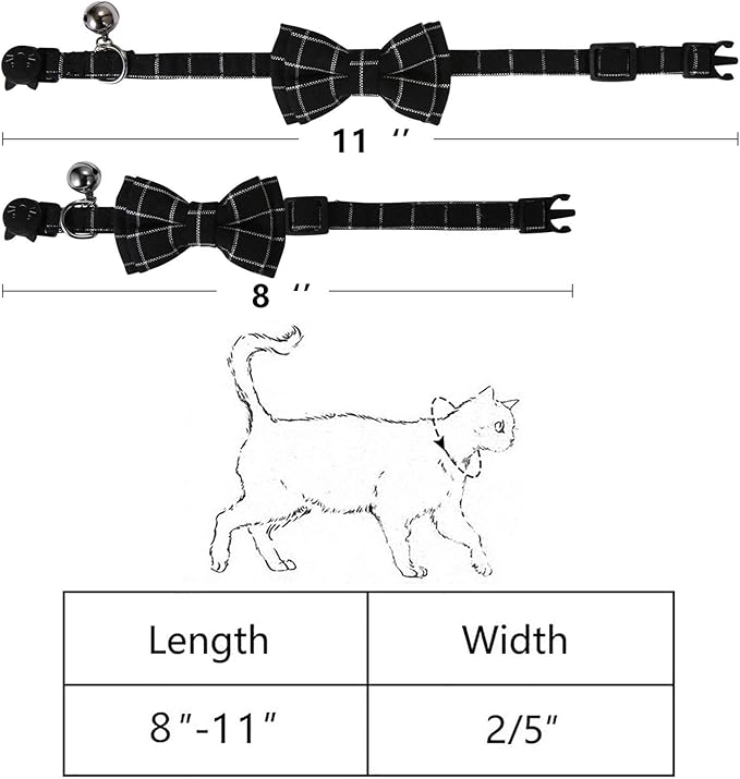 SLSON 2 Pack Breakaway Cat Collar with Bell and Bow Tie Plaid Kitten Collar for Cats and Small Dogs Pets Adjustable from 8-11In, Black and Grey
