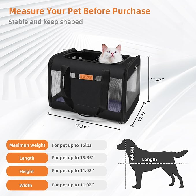 YUNIQUE Soft-Sided Cat & Dog Carrier for Pets Up to 15 Lbs, Airline Approved Collapsible Travel Puppy Carrier with Lightweight Fabric Design (Black)