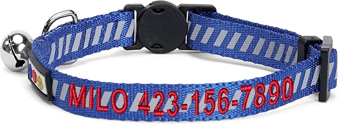 Pawtitas Personalized Blue Reflective Cat Collar – Adjustable Custom Collar with Safety Buckle, Removable Bell, and Engraved Name & Phone Number for Kittens and Adult Cats